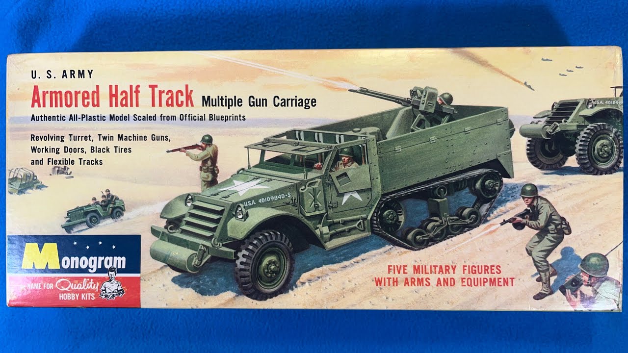 Monogram 1957 US Army Armored Half Track Multiple Gun Carriage M-13 Vintage Model Kit Review Unbox