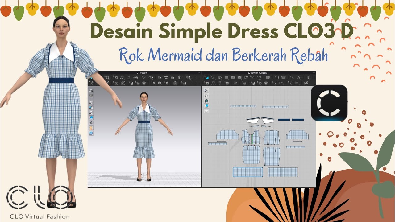 Simple Dress CLO 3D dengan Rok Mermaid dan Krah Rebah
