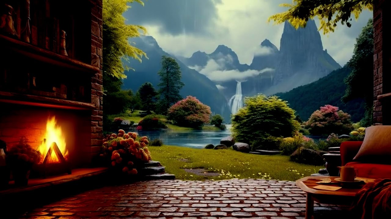 Rainy Night in a Cozy Cabin Living Room | Fireplace and Soft Rain for Relaxation
