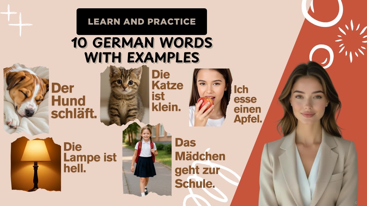 Learn 10 German words | Fun quiz followed by sentences with images for practice #a1german #deutsch