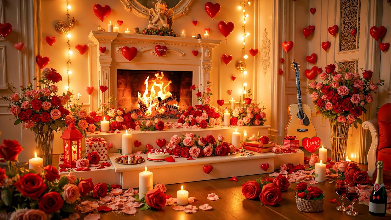 24/7 Cozy Valentine's Fireplaces Music 💖 Soft Valentine's Background Music 🌹💝 Happy Valentine's Day