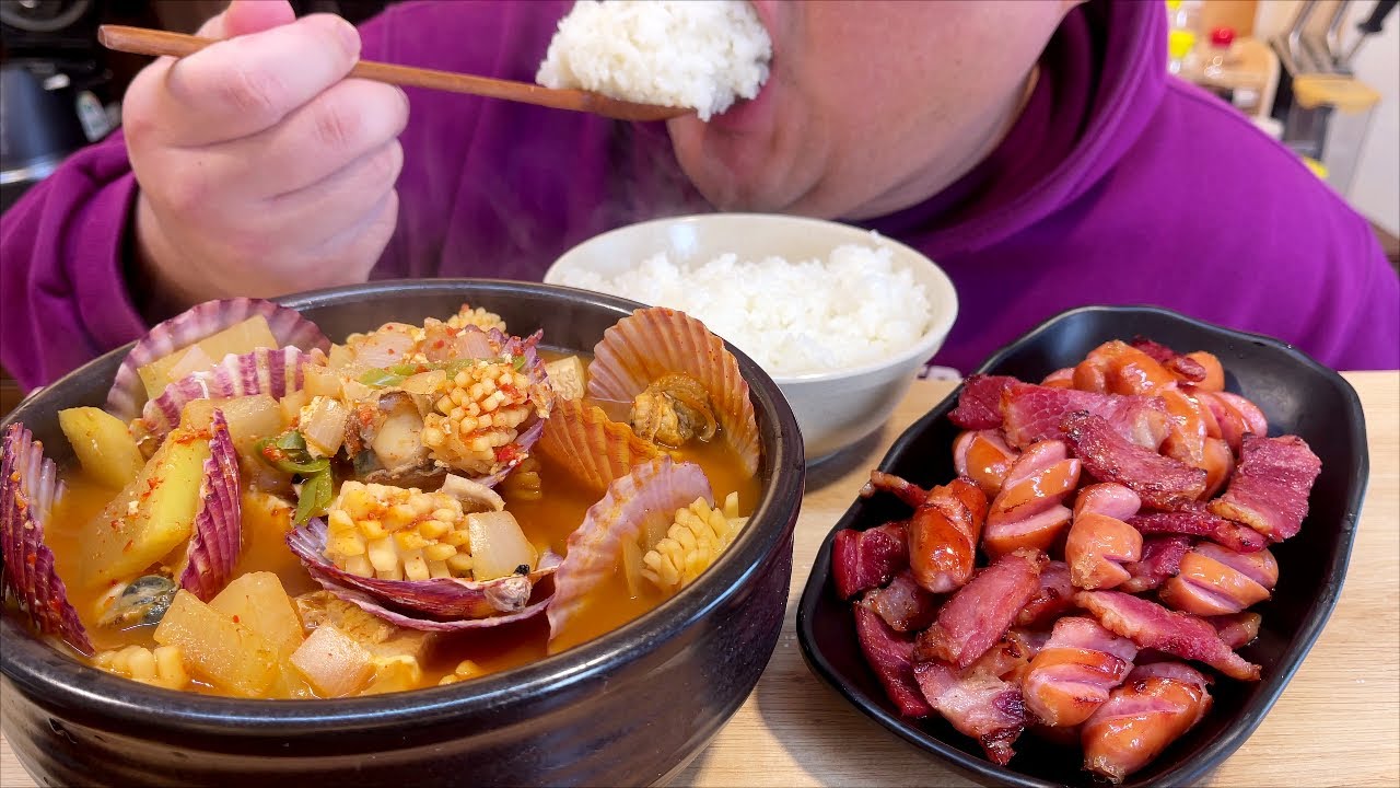 해물된장찌개 와 삼겹베이컨,비엔나소세지 구이 쌀밥도둑 한식요리먹방 MUKBANG