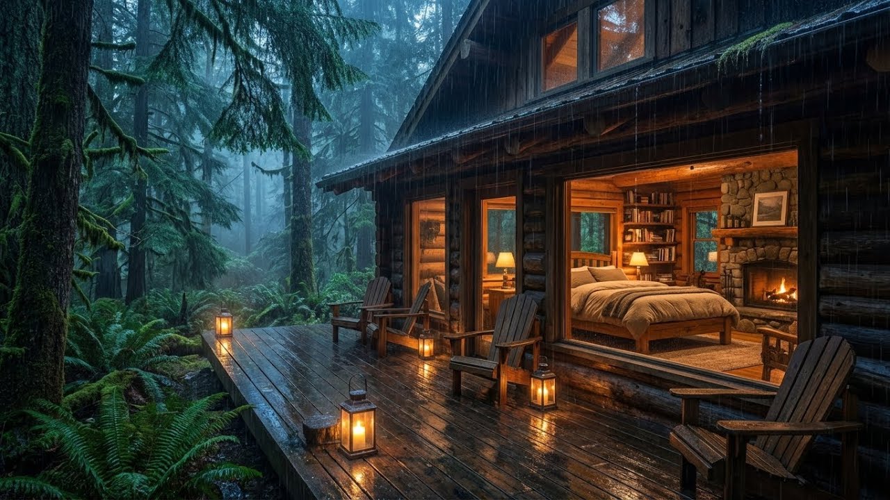 Deepest Rain Sounds for Sleeping in Log Cabin with Fireplace and Deck to Relax Instantly 🌧️