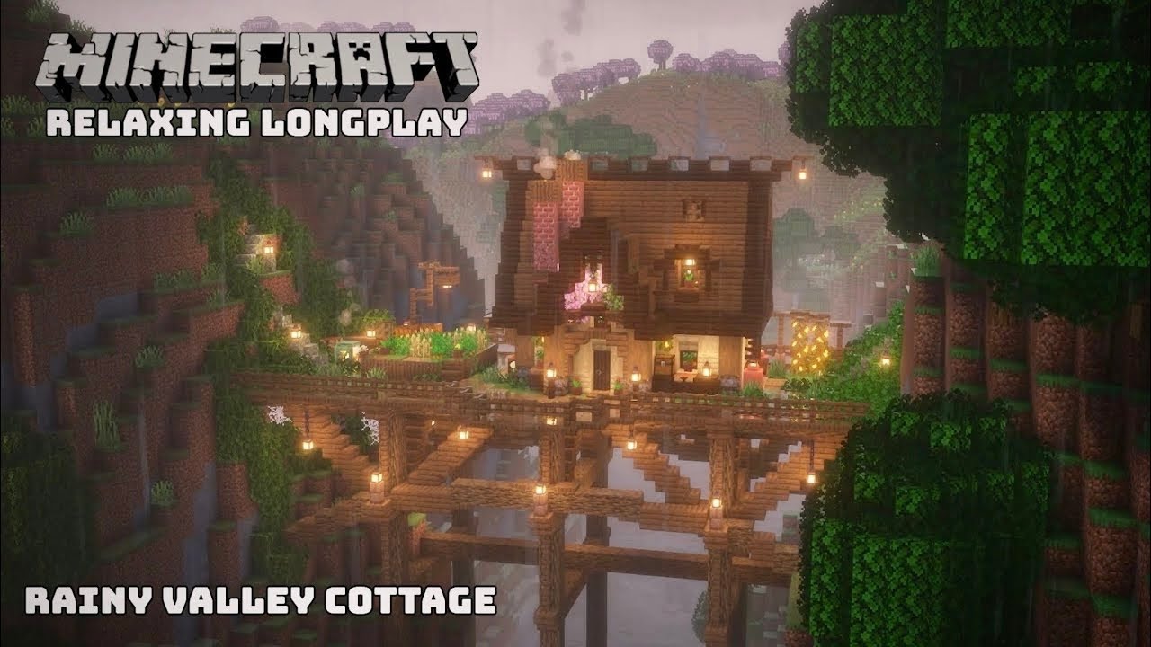 Minecraft Relaxing Longplay – Cozy Cottage in a Rainy Valley (No Commentary)