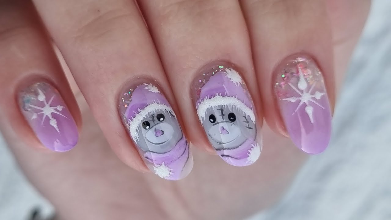 Cute winter nails with Me to You Tatty Teddy  bear, glitter encapsulation and sugar snowflakes