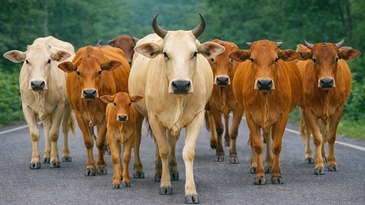 Puluhan sapi lembu jinak di desa berjalan dengan tenang melewati bukit menuju ke ladang desa