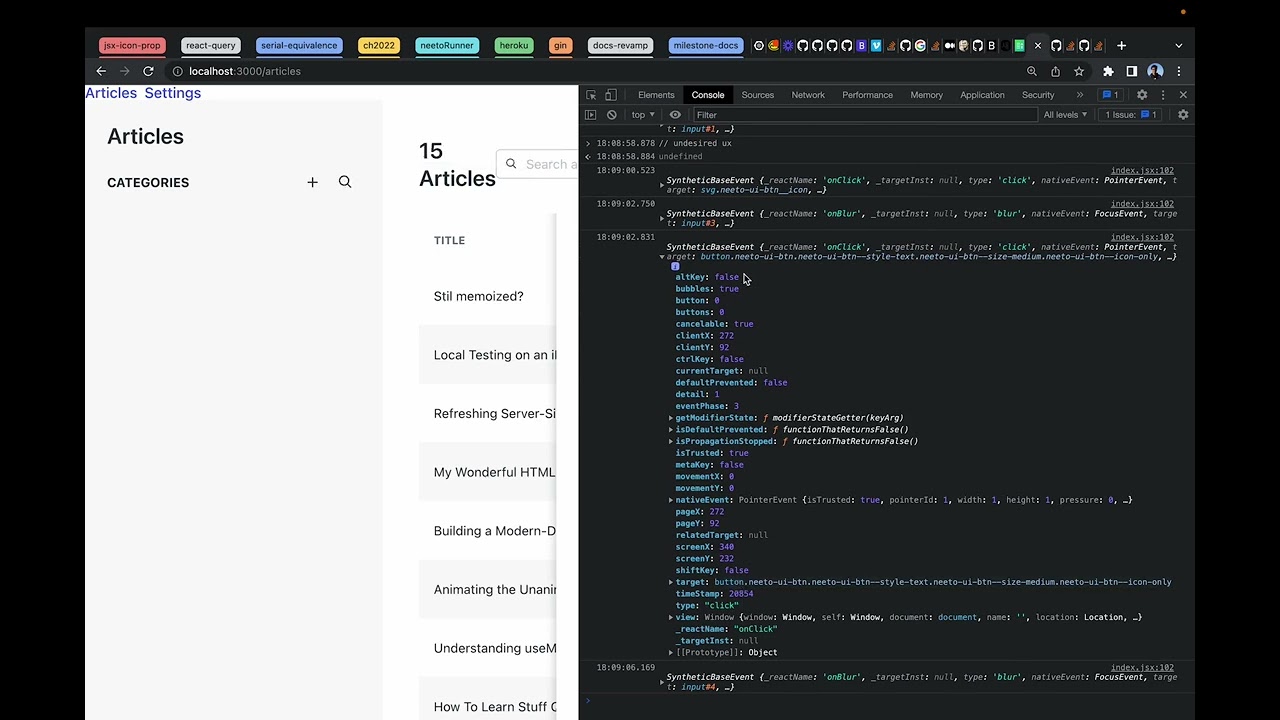 React - Debugging issues with SyntheticEvents like onBlur and onClick