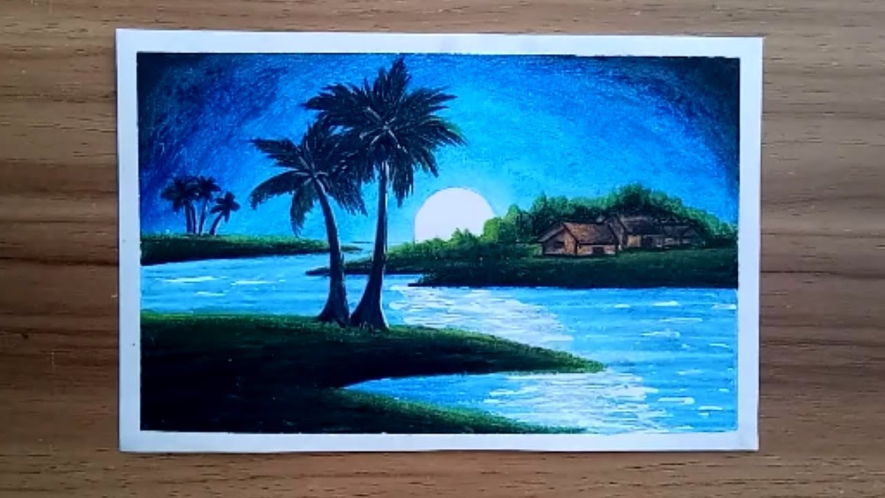 How to draw Moon-light-night Village Scenery with Oil Pastel.Step by step(easy draw)