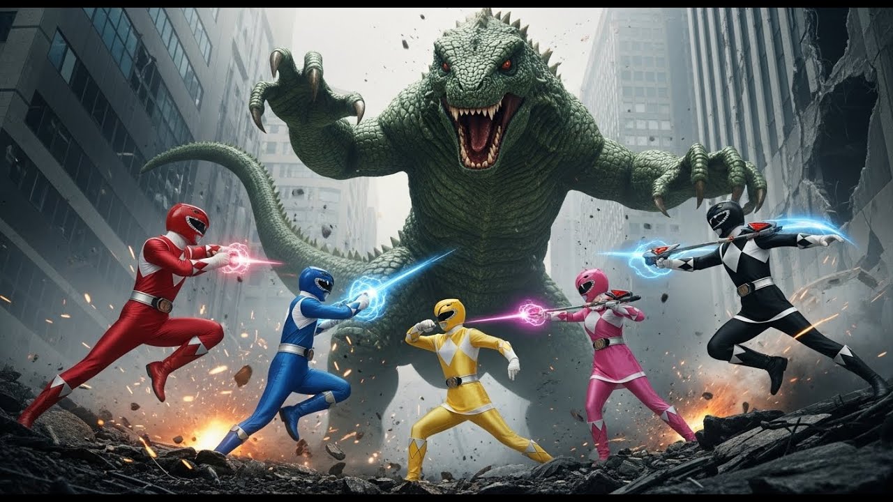5 Power Rangers Battle the Giant Lizard: The Nemesis of Evil.