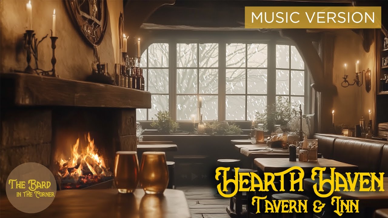 Snow Storm in a Tavern Ambience | Quiet Background Fantasy Music | Trad Music | Fire Crackling