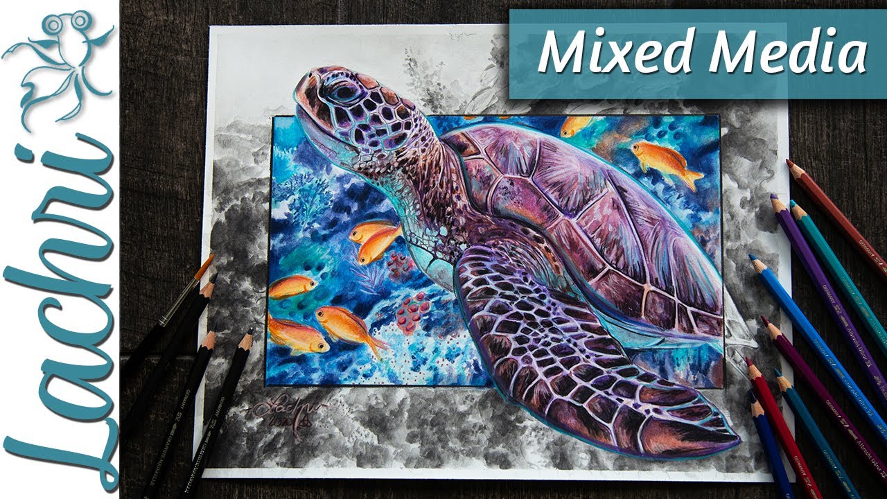 Watercolor & Graphite Mixed Media Sea Turtle Painting - Lachri
