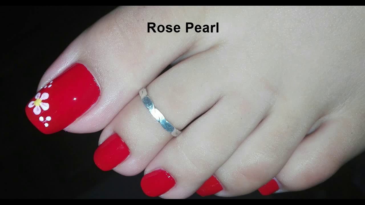 DIY Red Flower Pedicure Tutorial: Toe Nail Art Design | Rose Pearl