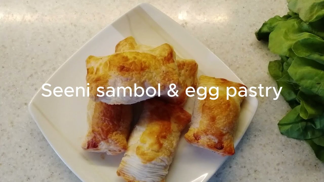 Sri Lankan seeni sambol & egg pastries. Easy snack. Spicy onion relish & egg filled pastries.
