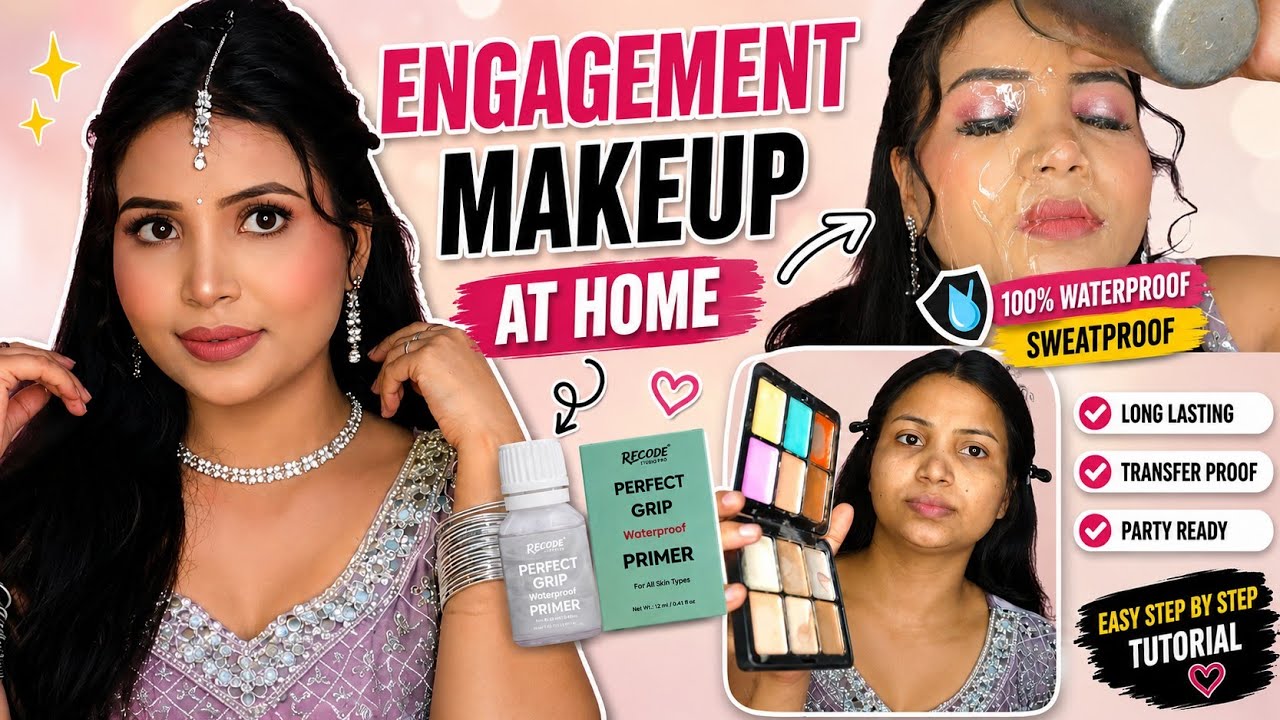 Summer Engagement Makeup at home /using record grip primer 100%waterproof / #selfmakeup