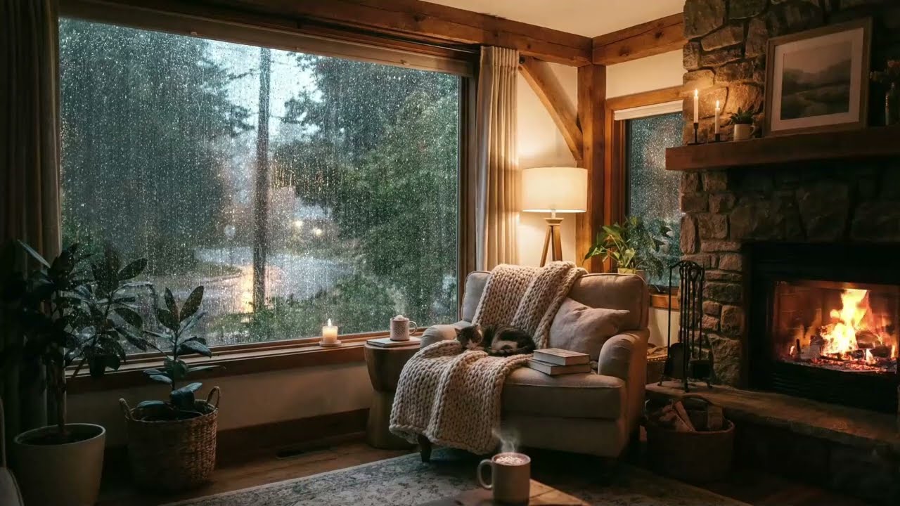 Night Rain on Window 🌧️ Cozy Dark Room with Fireplace Ambience for Deep Sleep