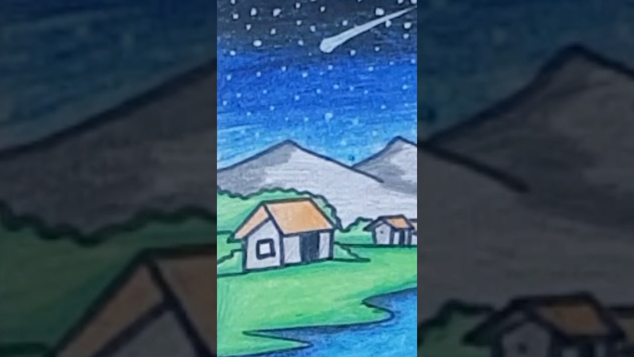 🌟Creating Stunning Art: 🏡Night Village Scenery Drawing🌴🎨 #shorts #drawingforkids