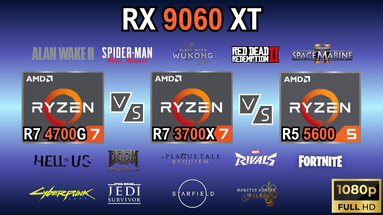 Ryzen 7 4700G vs Ryzen 7 3700X vs Ryzen 5 5600 en 14 Juegos - RX 9060 XT - 1080p