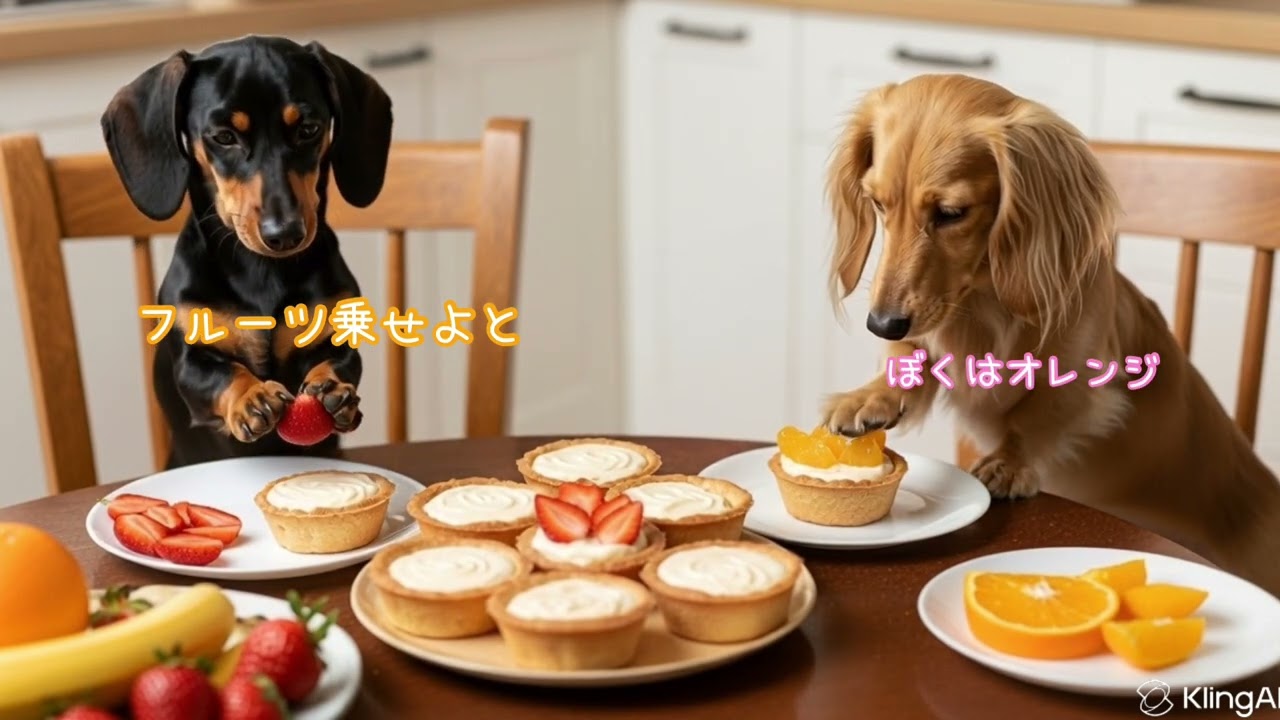 AI犬わんこたちがスイーツタルトを作って食べる姿がかわいい🩷
