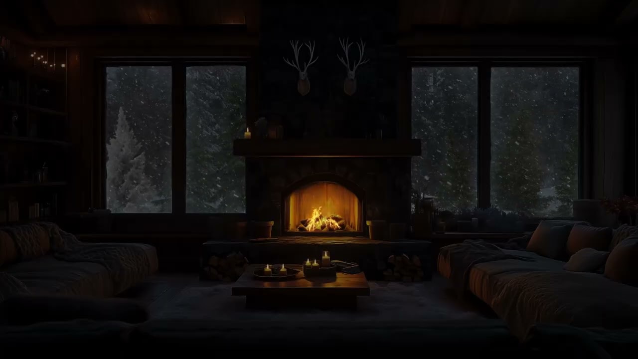 Snowy Winter Night in a Quiet Cabin with Warm Fireplace Glow and Gentle Falling Snow for Deep Sleep