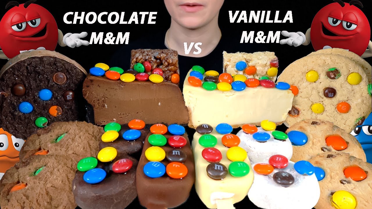 ASMR M&M Chocolate Vs White Chocolate Desserts *Cheesecake, Ice Cream Cookie Sandwich, Donuts