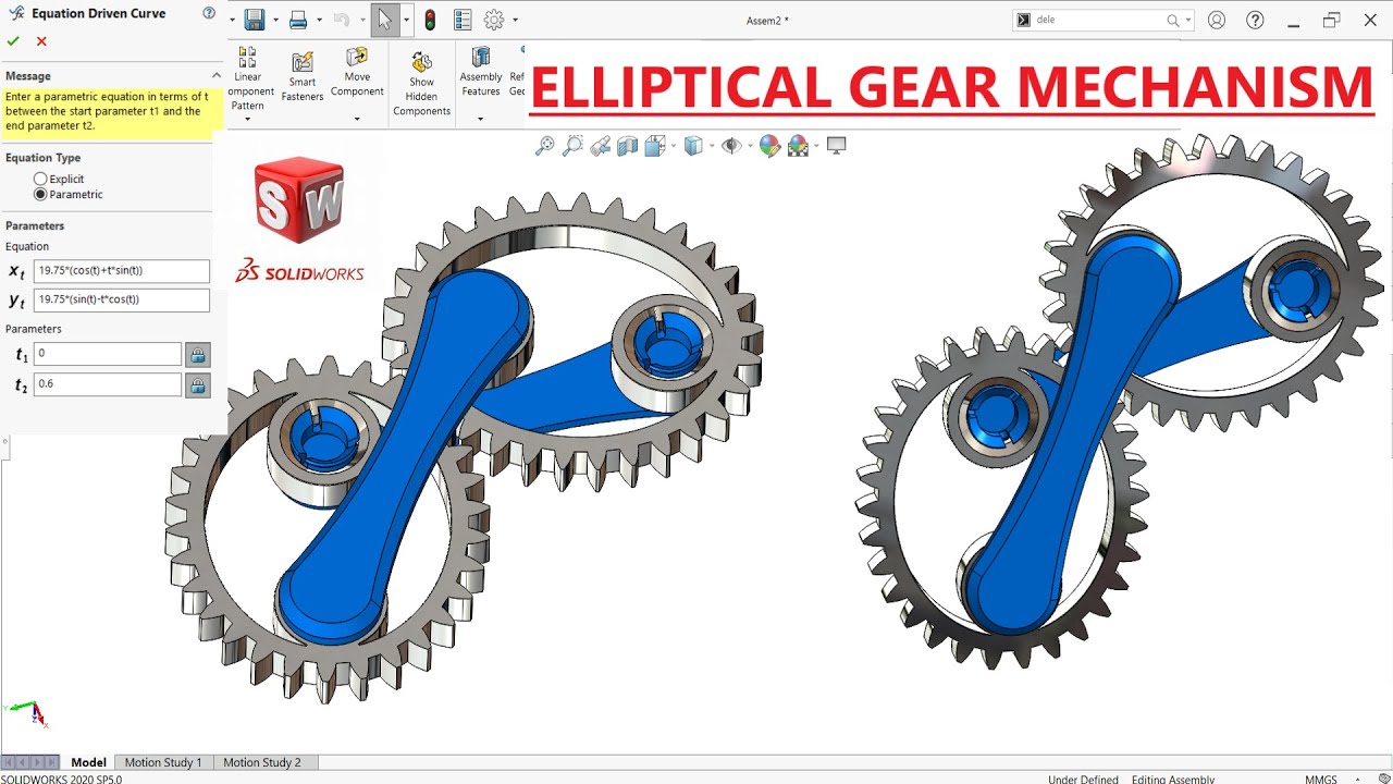 Elliptical gear mechanism design and assembly in SolidWorks
