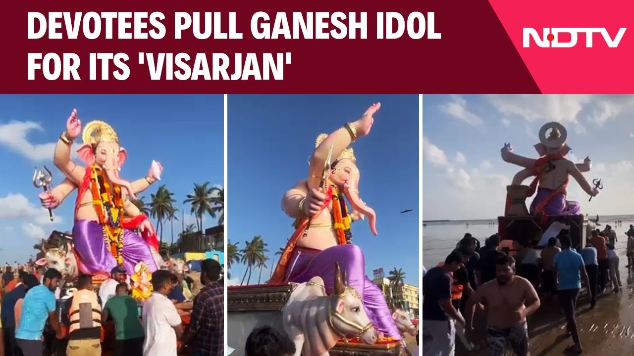Ganesh Visarjan 2024 | Devotees Pull Ganesh Idol For Its 'Visarjan' At Juhu Beach In Mumbai