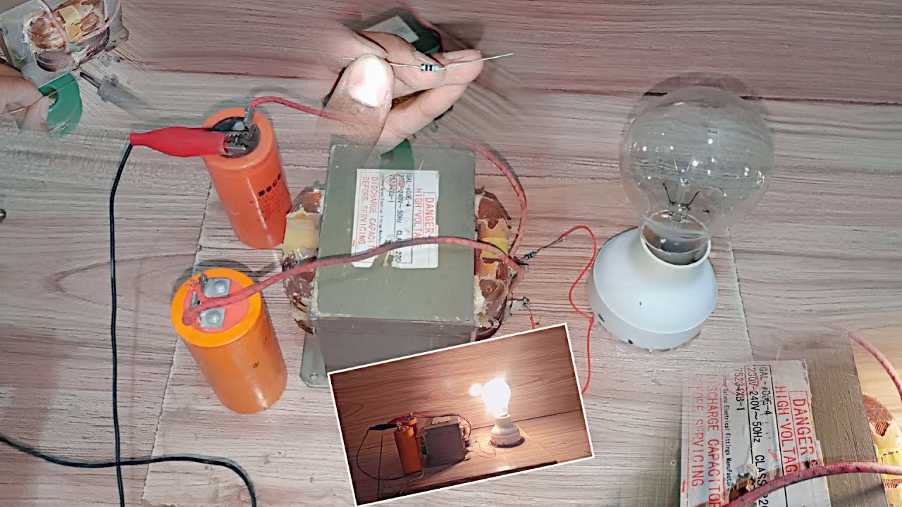 free 220v using microwave oven transformer and capacitor