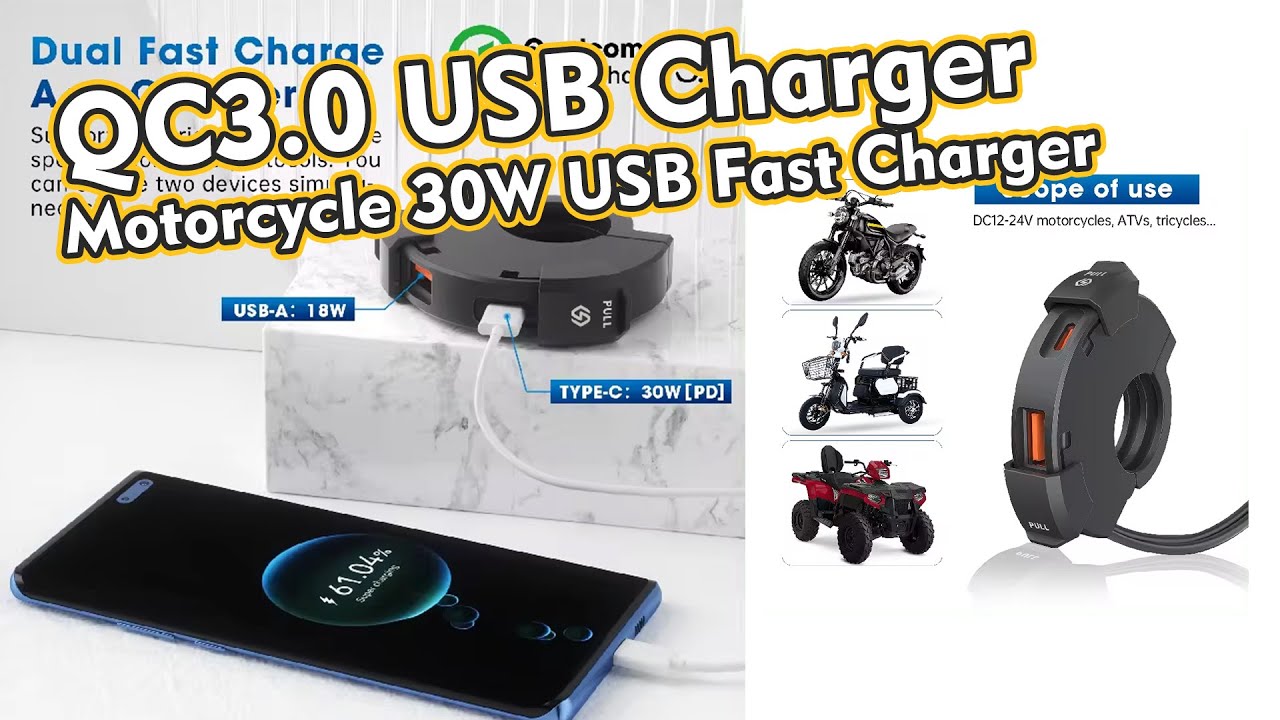 QC3.0 Motorcycle USB Charger 30W USB Fast Charger Waterproof Handlebar Mounting Bracket Charger