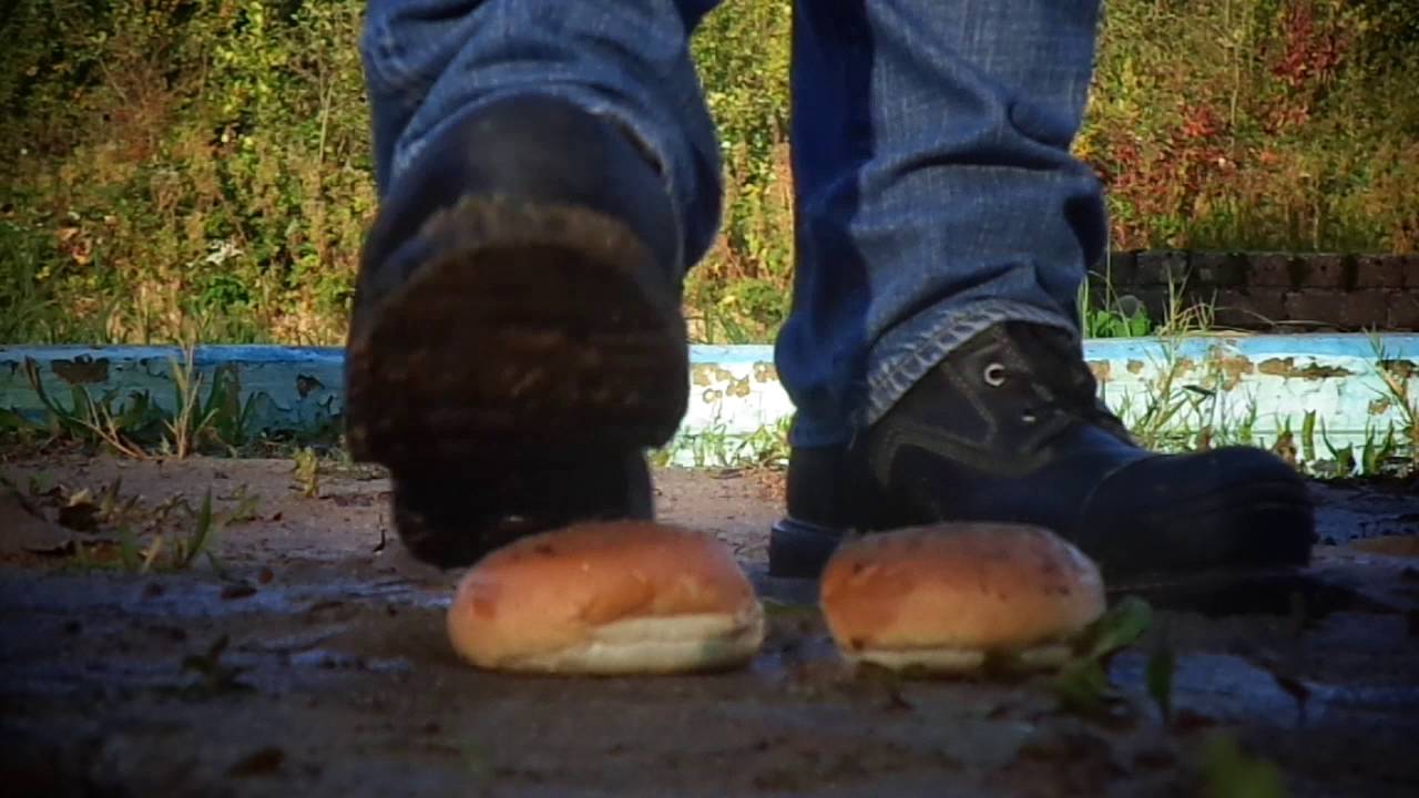 Timberland Pro Boots playing with lunch, food bread crush / stomp