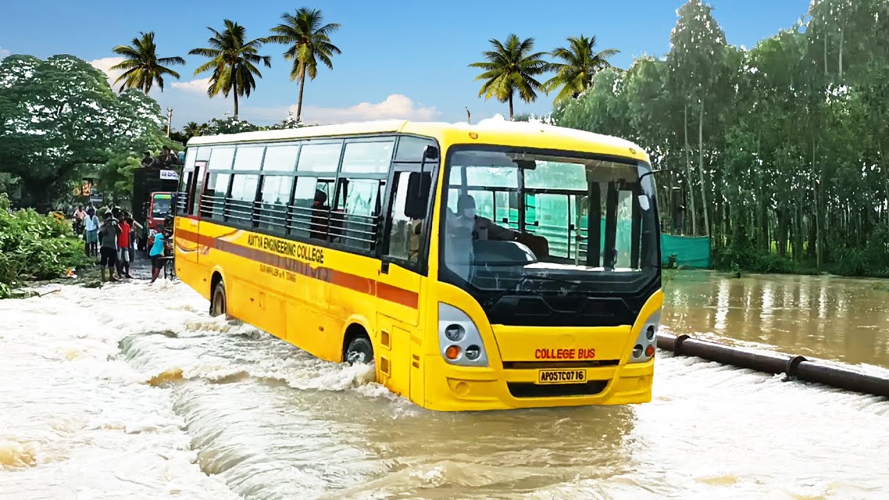 School Bus Trying to Crossing Dangerous Flood Water - Bus Videos - Bus Driving Skills