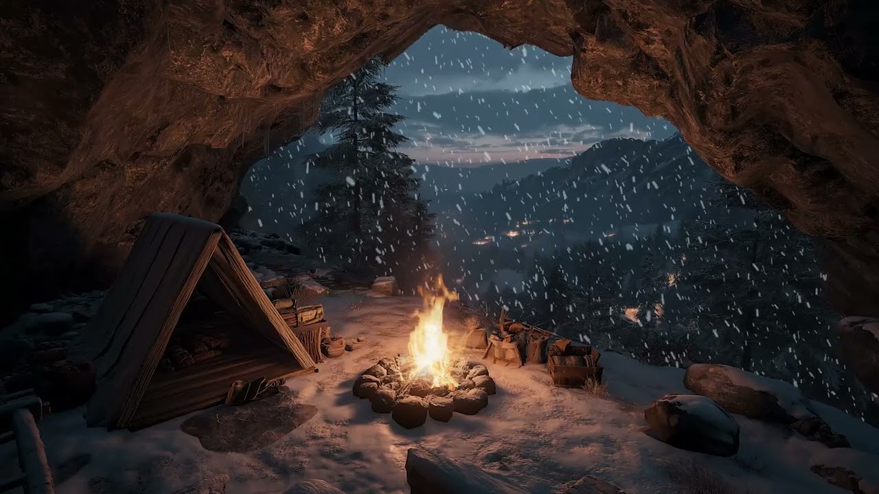 Crackling Fireplace in a Winter Cave Overlooking Snow – Relaxing Sounds for Deep Sleep & Calm