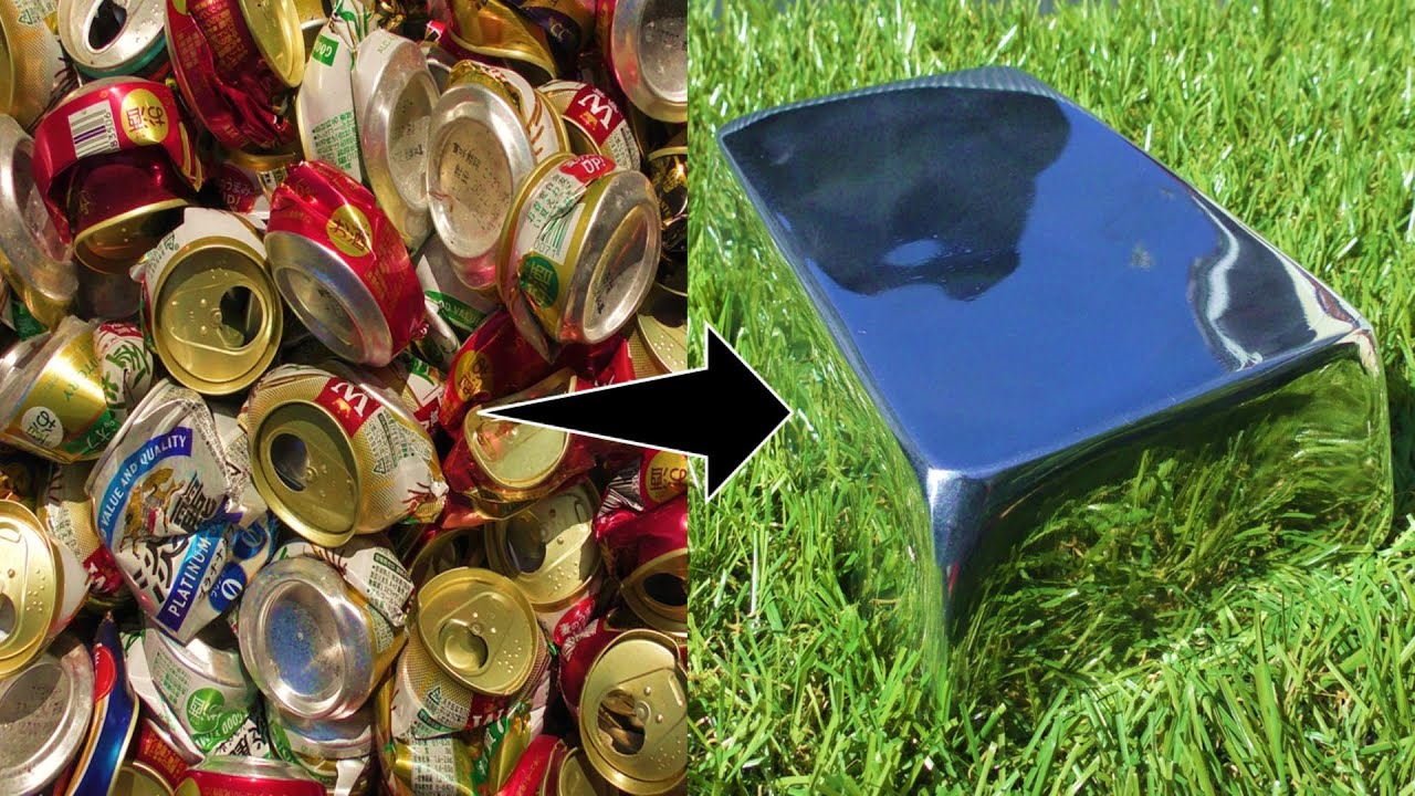 空き缶リサイクル　缶から純アルミニウム　溶ける金属　Aluminium cansインゴット