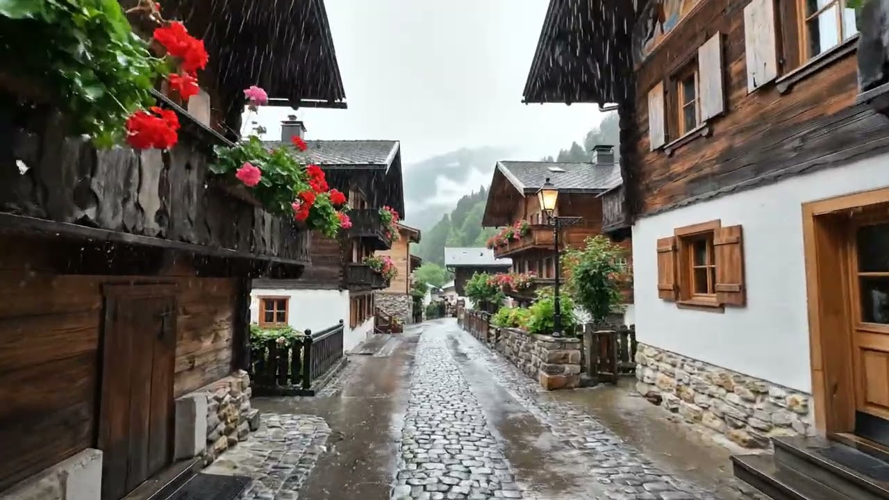 Peaceful Heavy Rain in a Swiss Village | 4K Walking Tour Rain ASMR