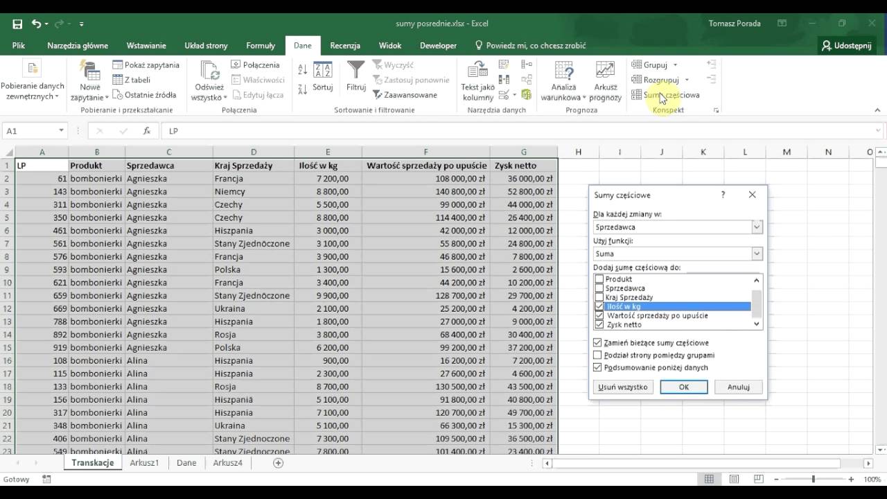 Excel - Sumy czesciowe i funkcja Sumy częściowe