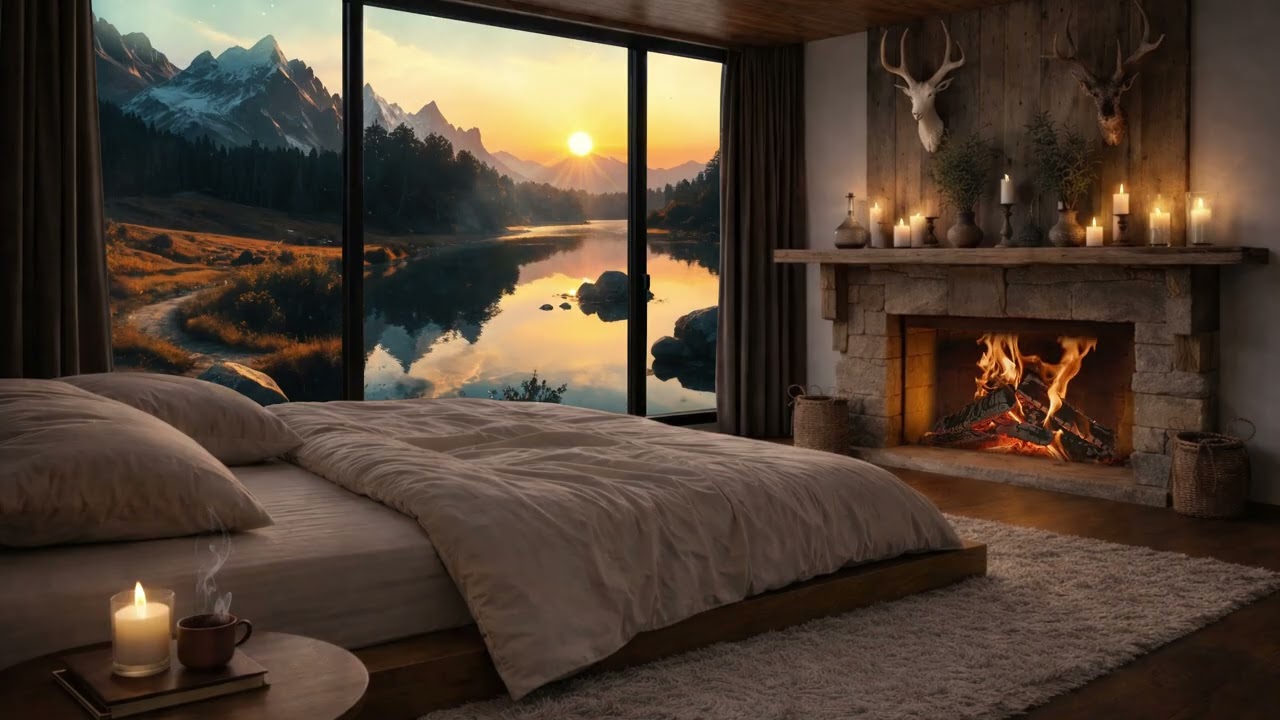 Cozy Fireplace Ambience | Mountains, Lake, Candlelight | Relax, Sleep, Study