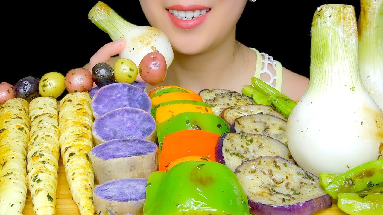 VEGGIES ASMR: ROASTED VEGGIES PLATTER (POTATOES, EGGPLANT, BAMBOO SHOOTS) | TracyN ASMR