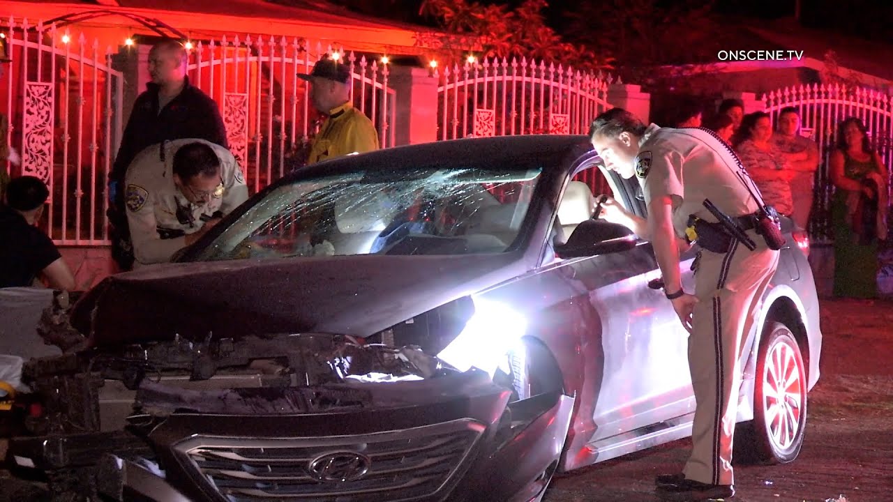 Major Injuries after Car Slams into Parked Backhoe, Muscoy, CA