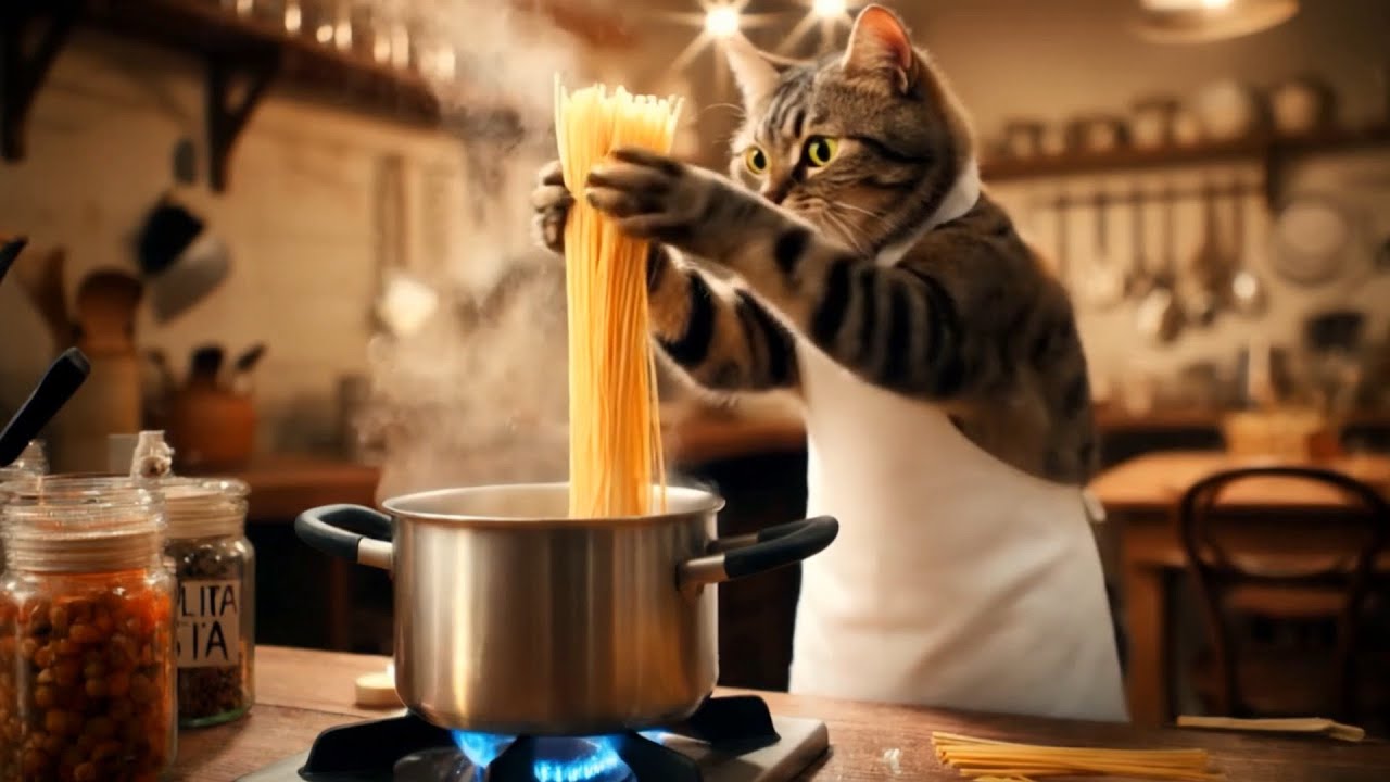 【AI Cat】キジトラ猫アンバーのナポリタンとクリームソーダ作り！【料理】