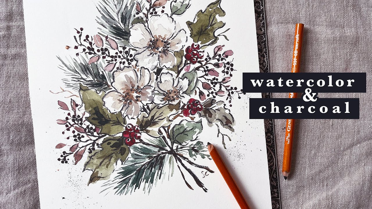 Easy Winter Florals: Charcoal + Watercolor for Beginners! 🌿🎨