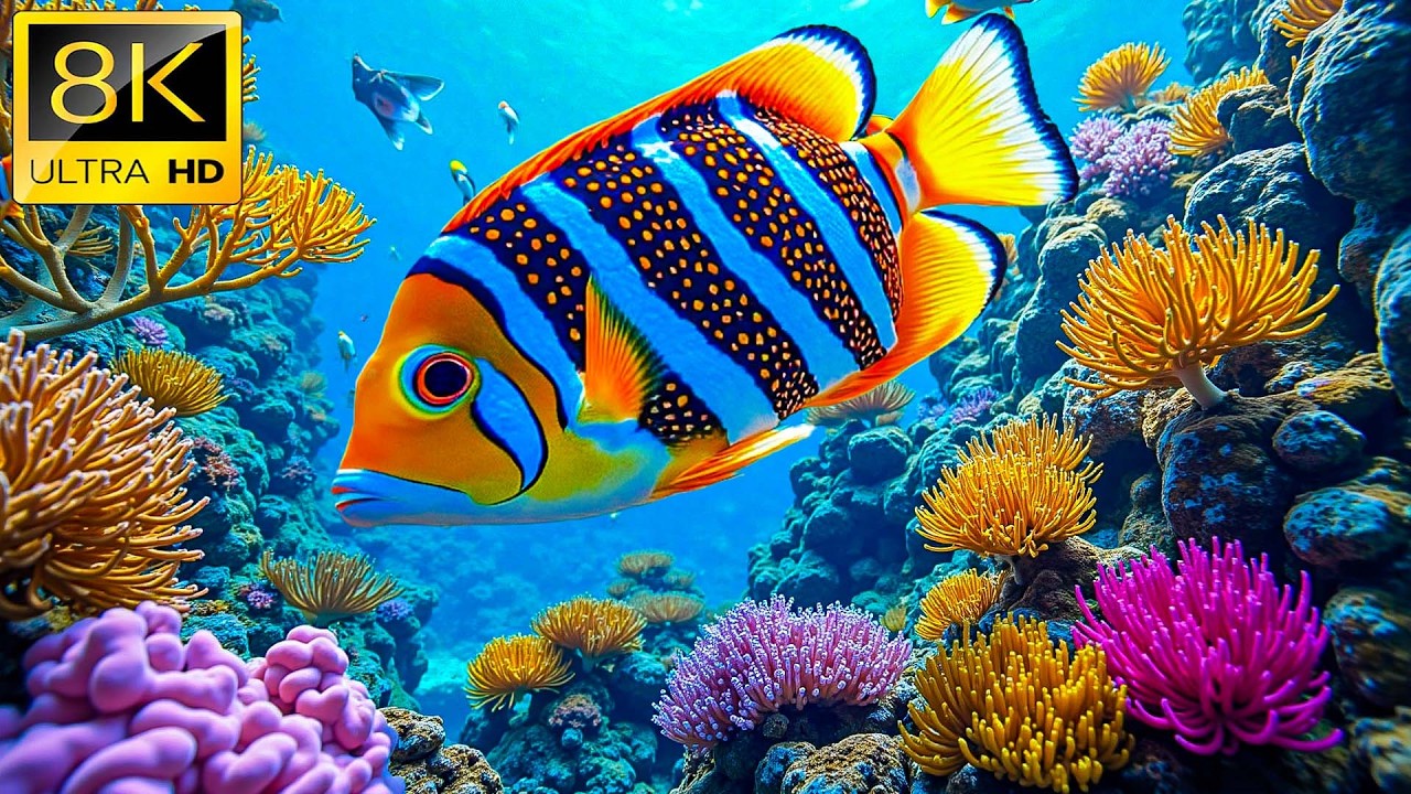 Умиротворяющий подводный мир в разрешении 8K 🐠 Веселые рифовые рыбки и спокойный голубой океан