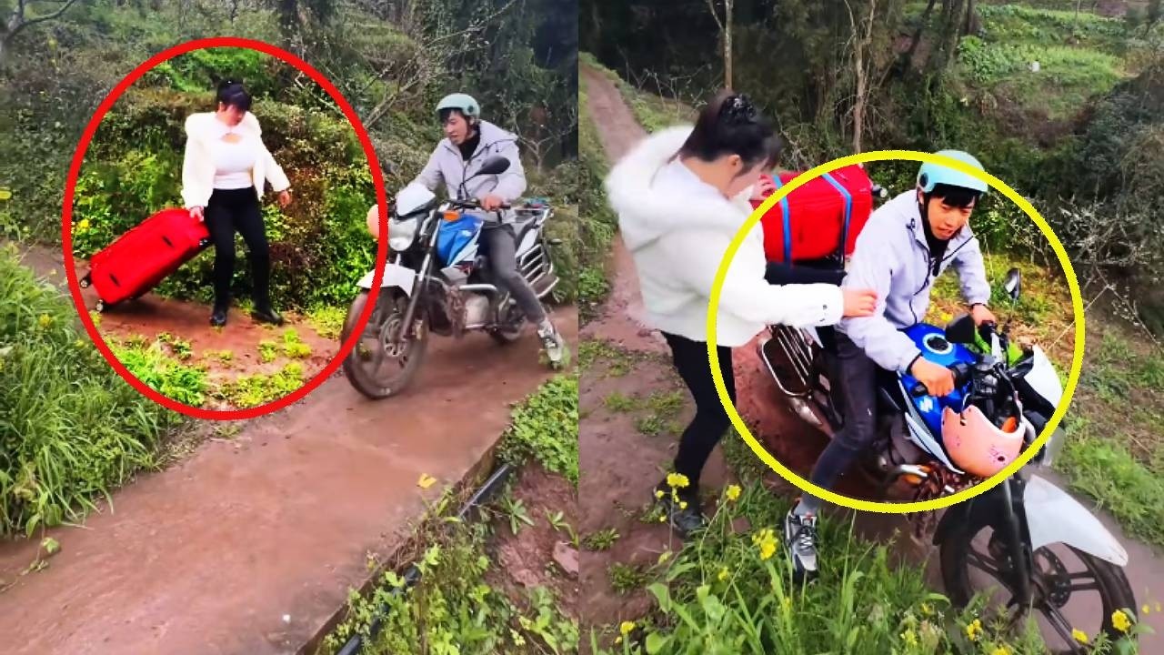 Young man pulls beautiful woman down the mountain to work