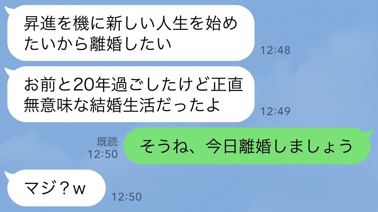 【LINE】部長昇進と同時に20年連れ添った私を捨てる夫「エリートの俺に相応しい女と結婚するw財産分与もしない」→お望み通り即離婚したら調子に乗りすぎて降格した結果www