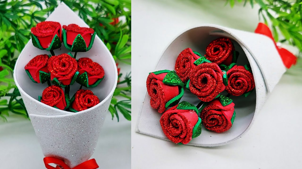 The Easy Way! Rose From Glitter Foamiran/Amazing Bouquet Flower Tricks/Easy Making With Foam Paper