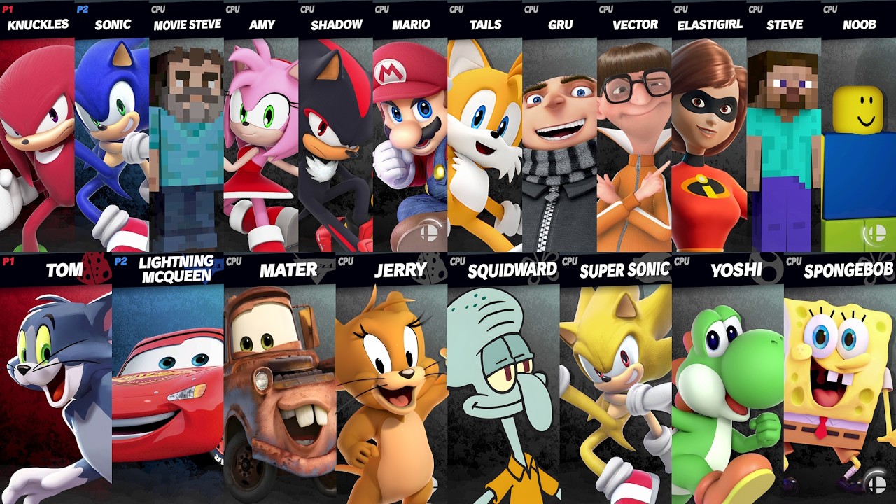 Sonic vs Mario vs Yoshi vs SpongeBob vs Tom vs Jerry vs Cars Mcqueen | Super Smash Bros Ultimate