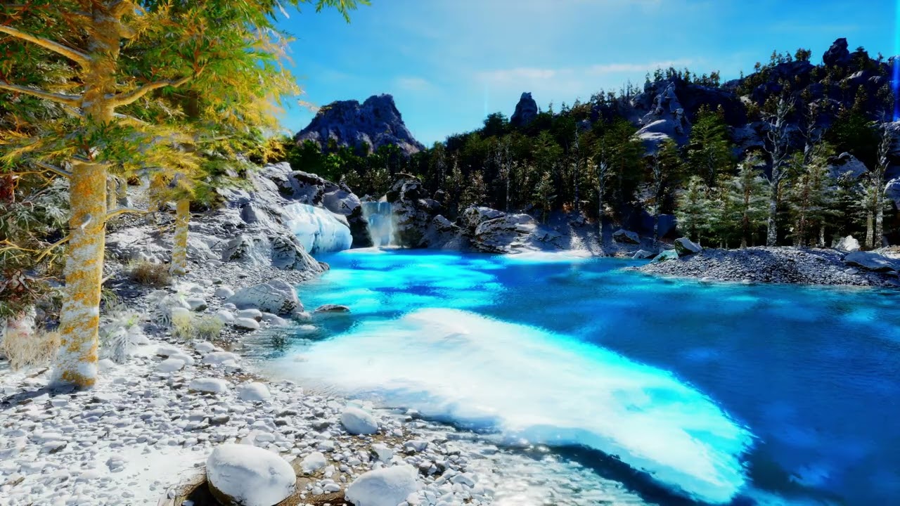 Relaxing Winter Ambience 🌨️ Blue River Flowing Through a Snowy Forest | Calm Nature Sounds