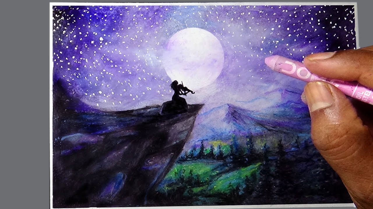 Oil Pastel Moonlight Landscape drawing | How to draw Moonlight Scenery painting with Oil Pastels |