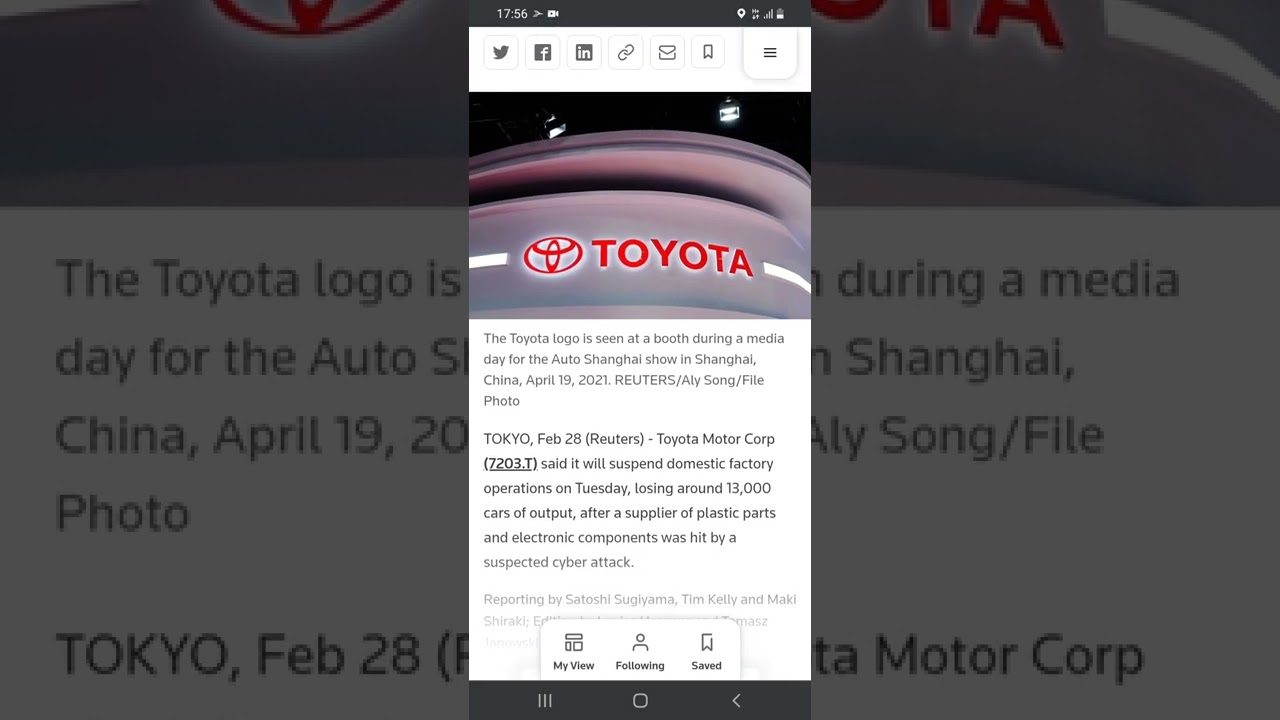 Toyota suspends domestic factory operations after suspected cyber attack - Reuters