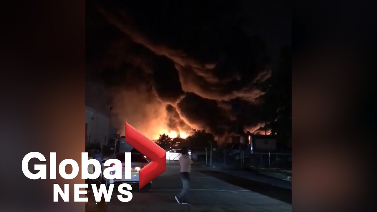 Toxic smoke plume from massive fire at plastics plant in Grand Prairie, Texas visible for miles