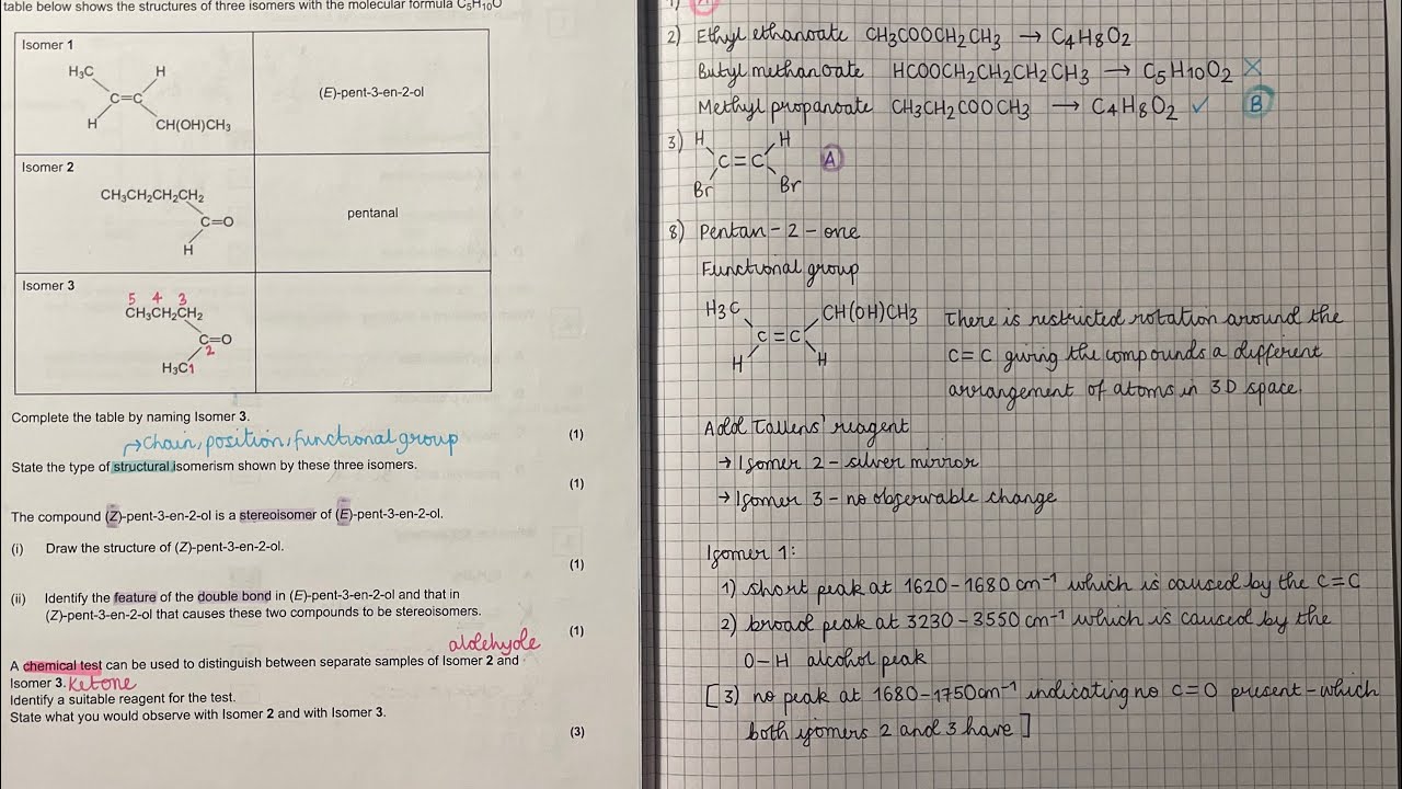 Worked exam answers - Multiple AQA nomenclature and isomerism questions