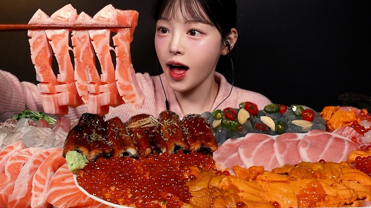 SUB)알캉쫀득 역대급 비쥬얼 연어 먹방!🍣참치뱃살 간장새우 성게알 장어까지 덮밥해먹기 해산물파티 Sashimi Seafood Mukbang Asmr